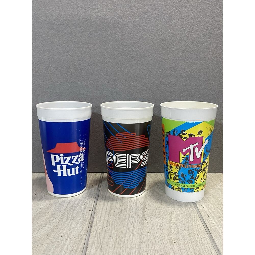 3 Vintage 1990s Plastic Cups Taco Bell MTV VMA Video Music Awards Pizza Hut 32oz